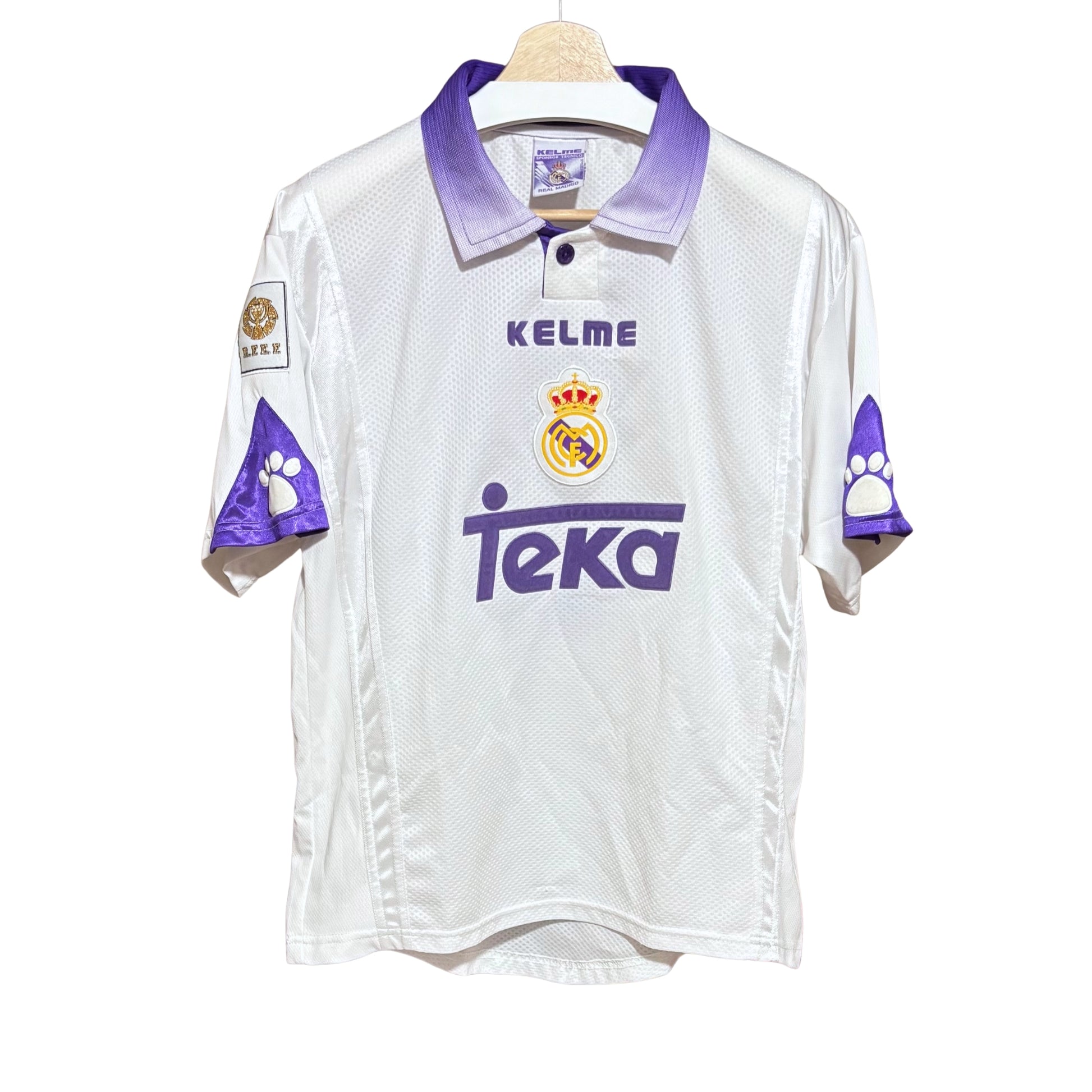 real madrid home jersey primera camiseta local 3 roberto carlos 1997 1998 kelme blanco morado